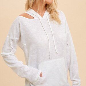 HEM & THREAD White Eyelet Cold Shoulder Hoodie, Lightweight Boho Pullover Top